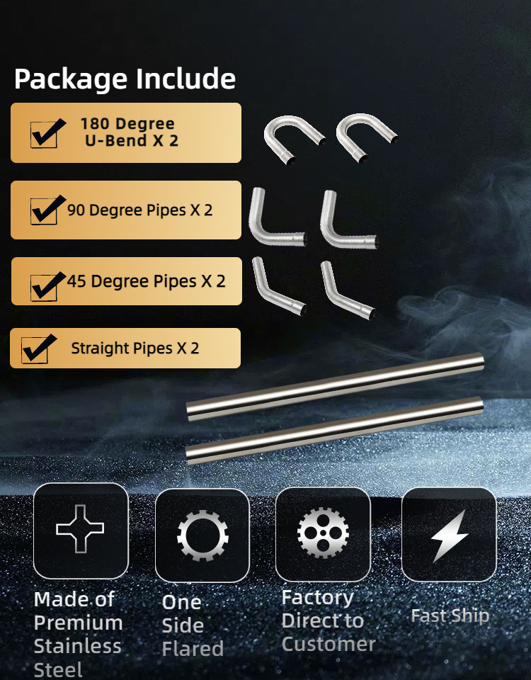 3" OD Stainless Exhaust Pipe Kit Straight Mandrel Bend DIY T304 Tubing Set 8Pcs