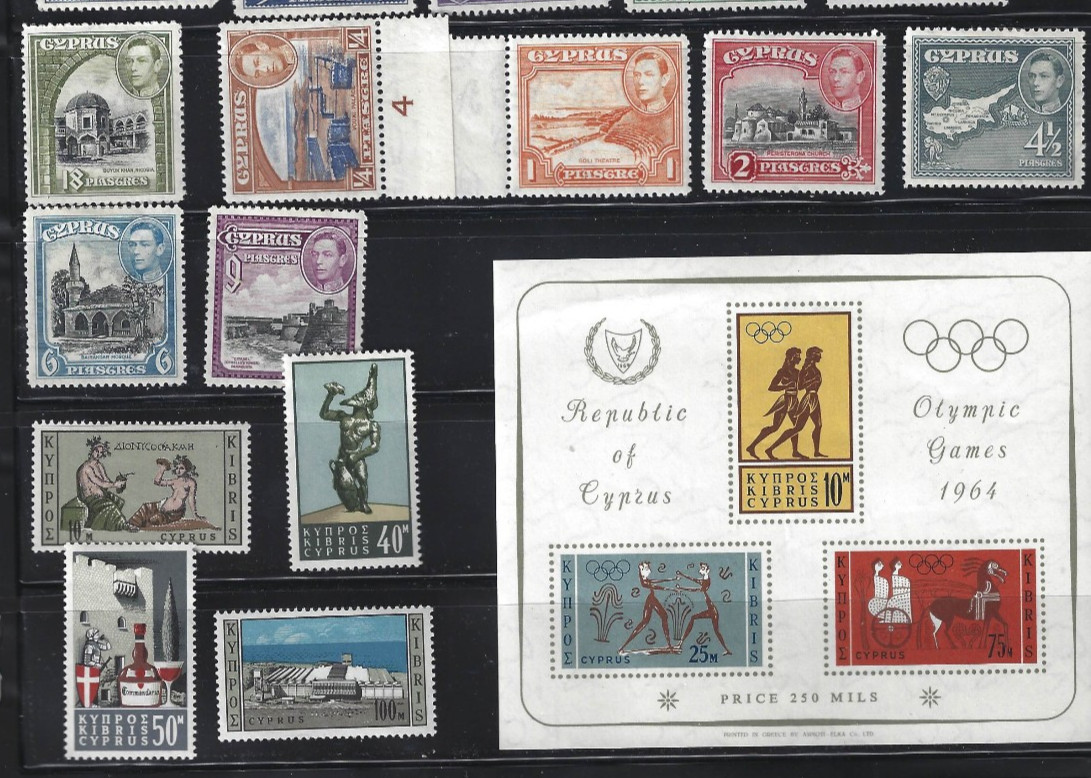 Cyprus Stamp lot: 26 stamps + 1 souvenir sheet; 1920's-60's; MH