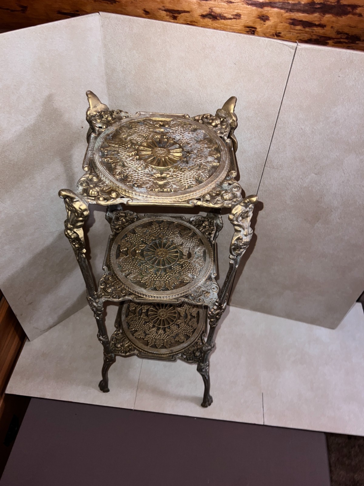 RARE 1950s Italian BRASS Filigree 3-Tier Plant Stand, Handmade Ornate, Claw Feet