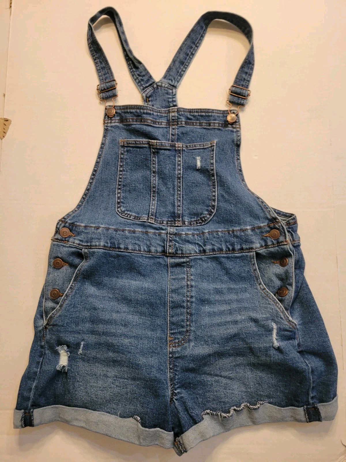 No Boundaries Juniors Sz 15/17 Bib Overall Shorts Blue Denim Pockets Raw Hem