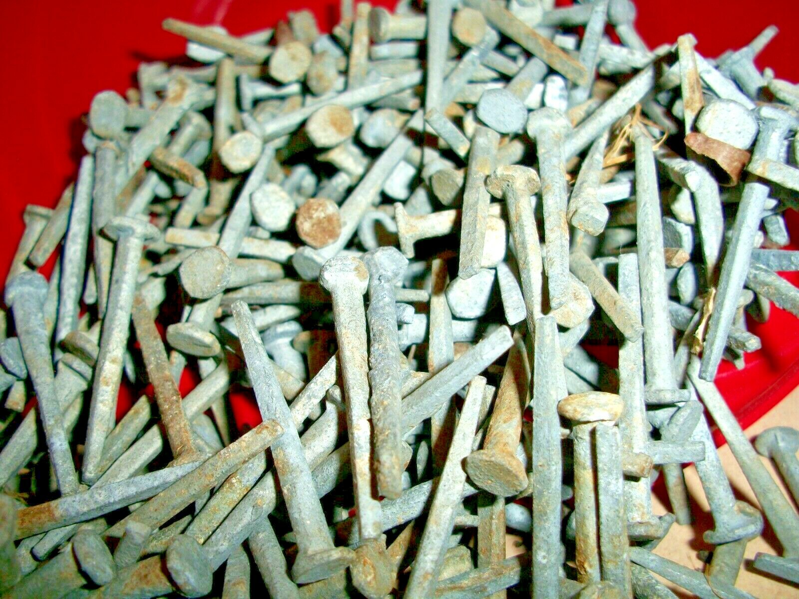 125--ORIG. ANTIQUE, 1 3/8" LONG SQUARE, GALV. STEEL NAILS, BARN FIND ! N.O.S. #2