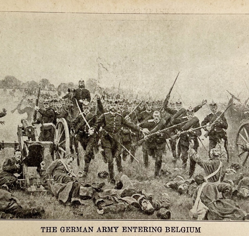 1914 WW1 Print German Army Entering Belgium Antique Military Period Collectible