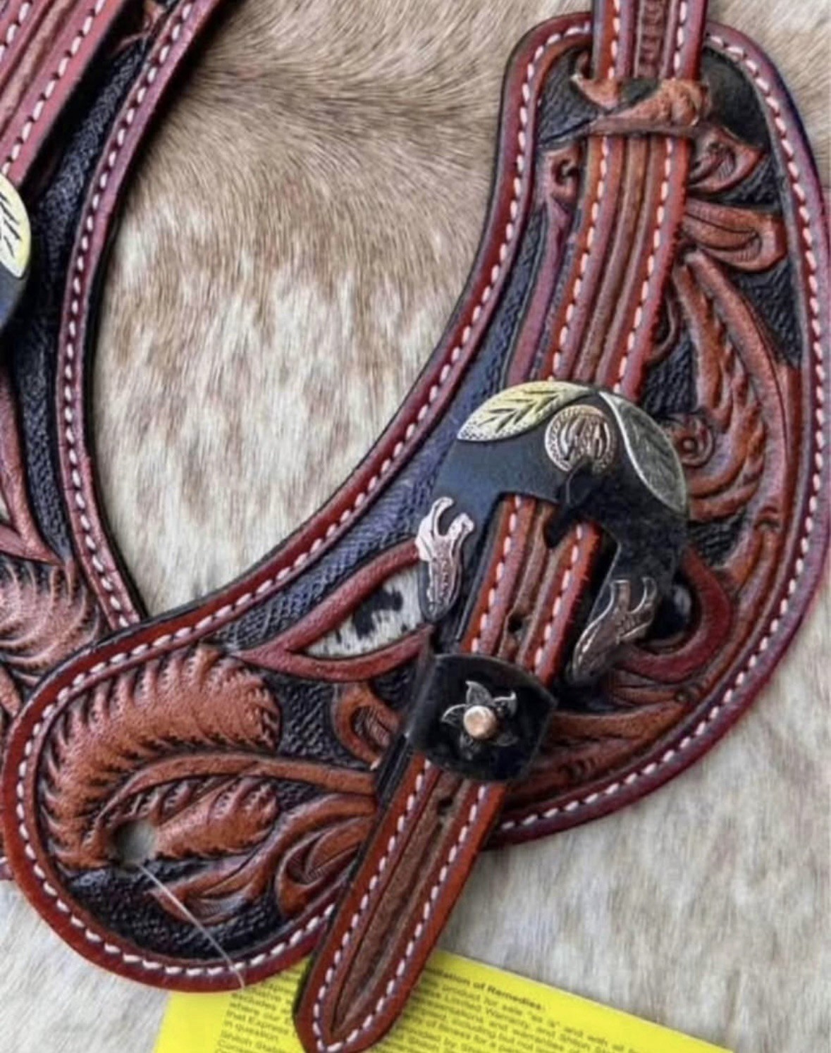 Adult Size Tooled Top Grain Leather Hair On Cowhide Western PAIR Spur Straps