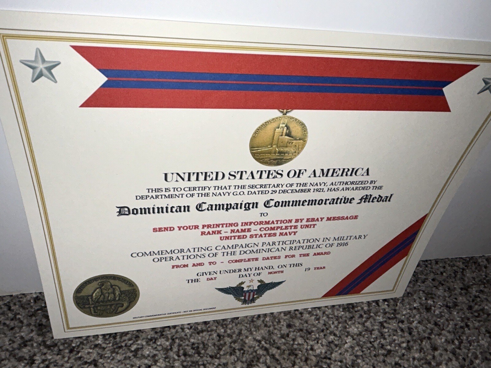 DOMINICAN CAMPAIGN (NAVY) COMMEMORATIVE MEDAL CERTIFICATE ~ W/PRINTING TYPE-1