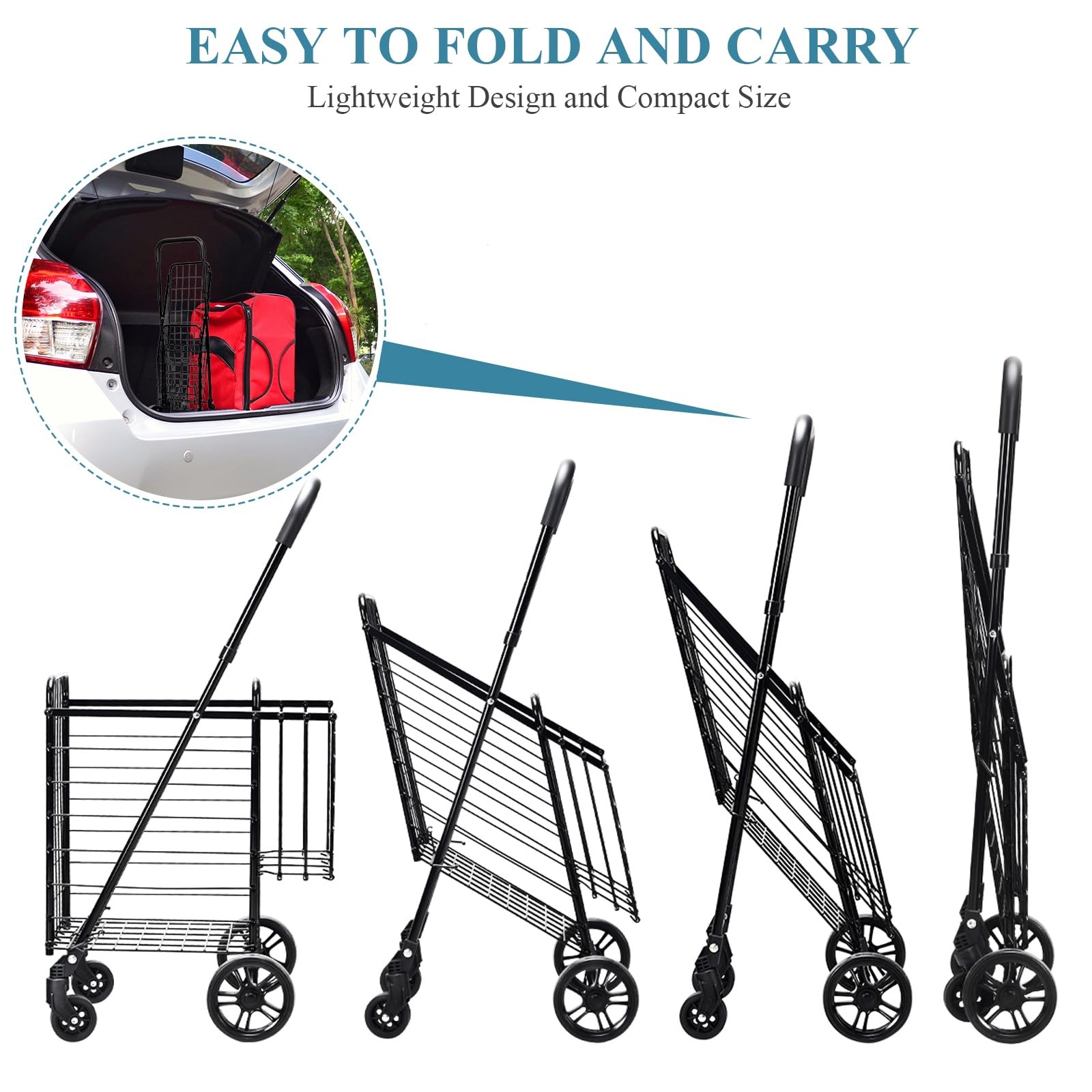 Foldable Heavy Duty Grocery Cart Adjustable Handle Extra Basket 360 Wheels