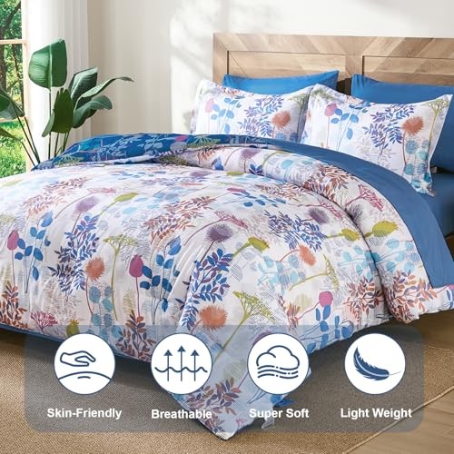7Pieces Comforter Set, Colored Botanical Bed in a Bag Complete Queen Colorful