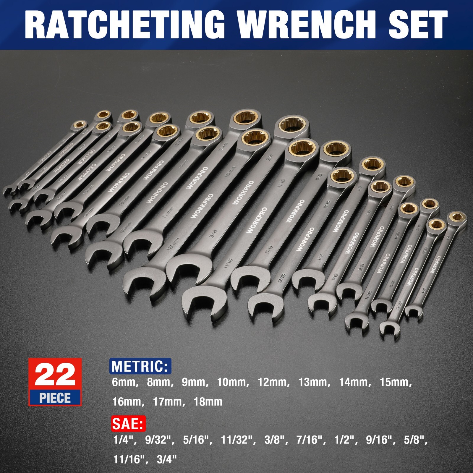 WORKPRO 22PC Ratcheting Wrench Set Combination Wrench with Organizer Box 72Teeth