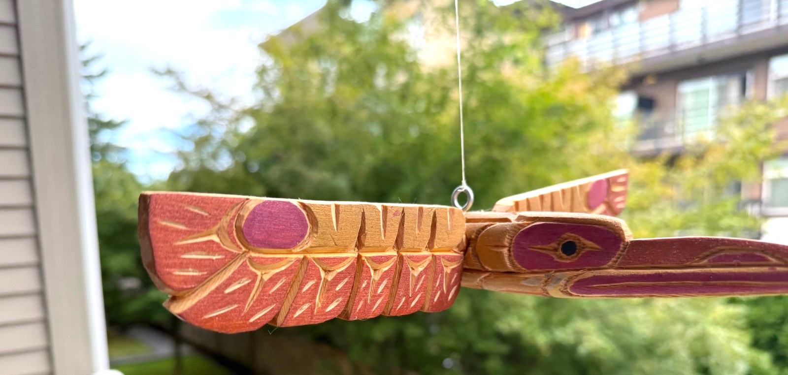 Northwest Coast Native Detailed Yellow Cedar FLYING Hummingbird carving sculptur