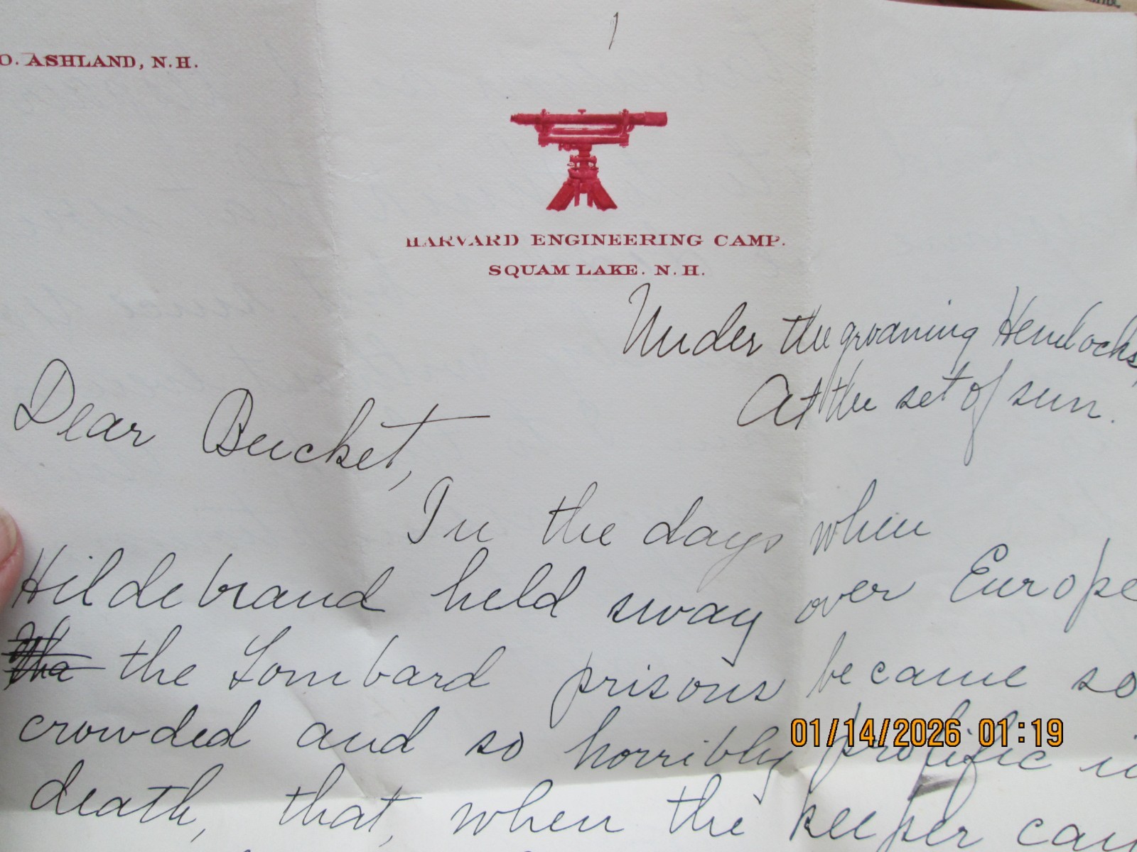 1901 Harvard Engineering Camp Squam Lake Ashland NH letter
