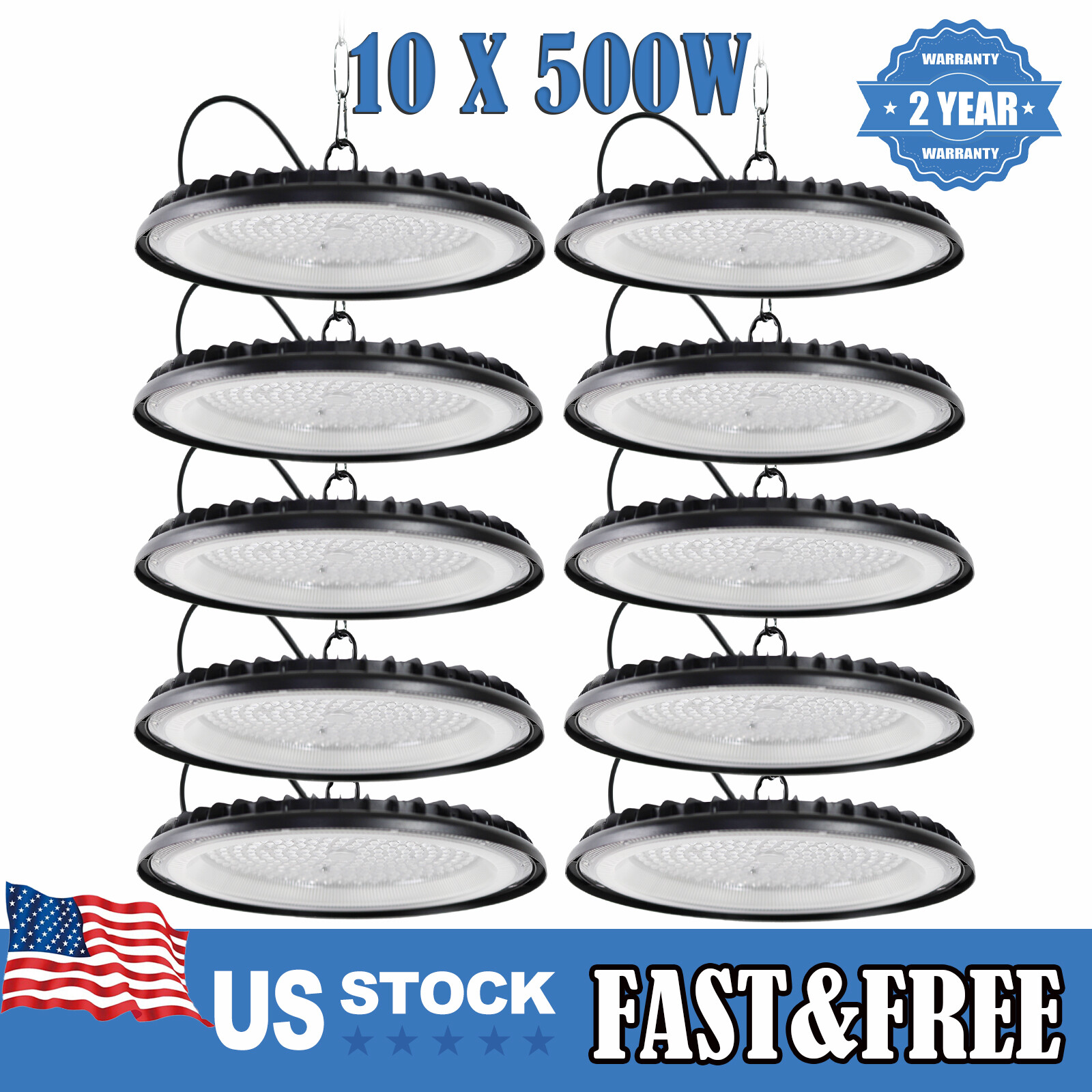 10 Pack 500W UFO LED High Bay Light Industrial Factory Warehouse Shop Commercial