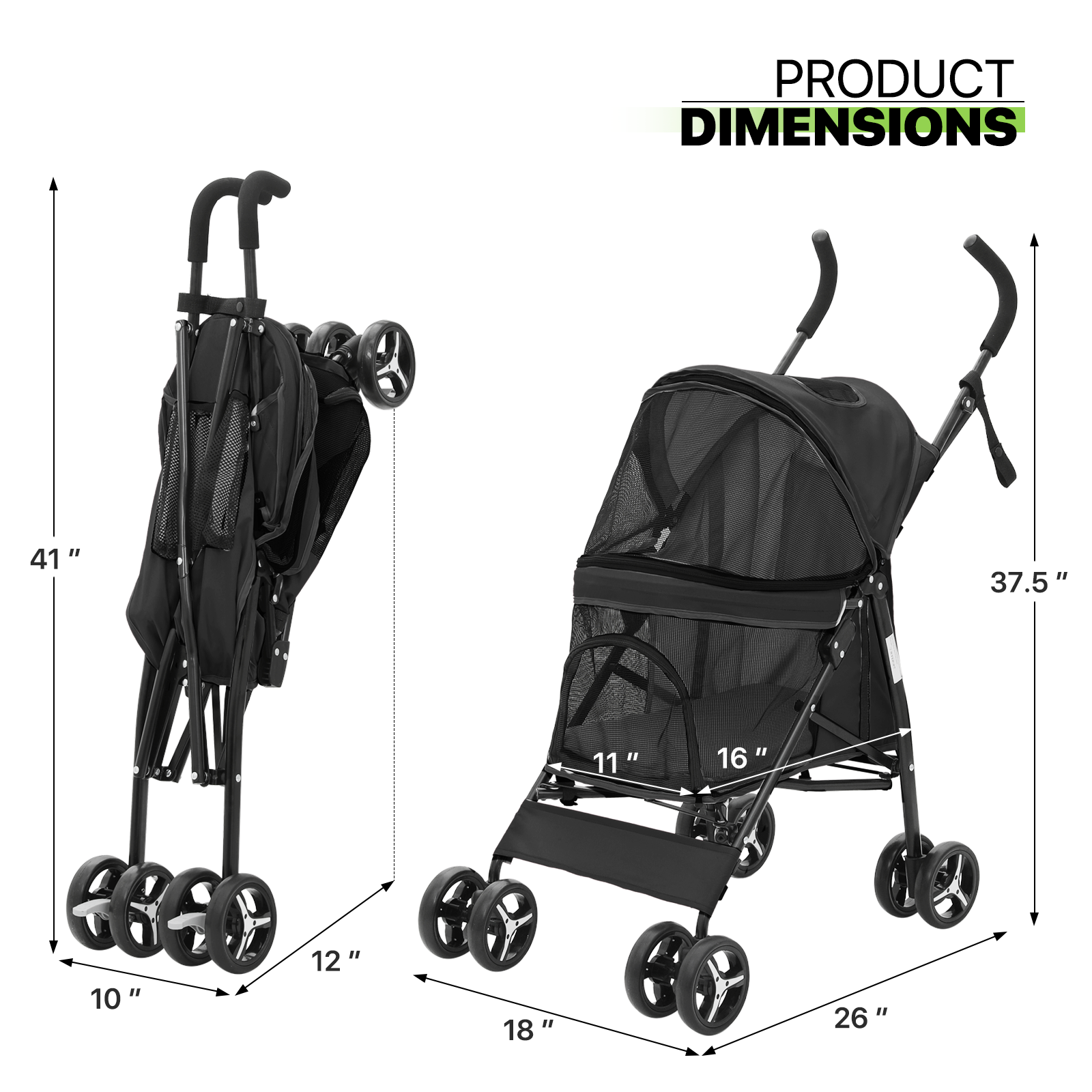 Folding 4-Wheels Dog Stroller Portable Adjustable Canopy Pet Travel Carrier Cart