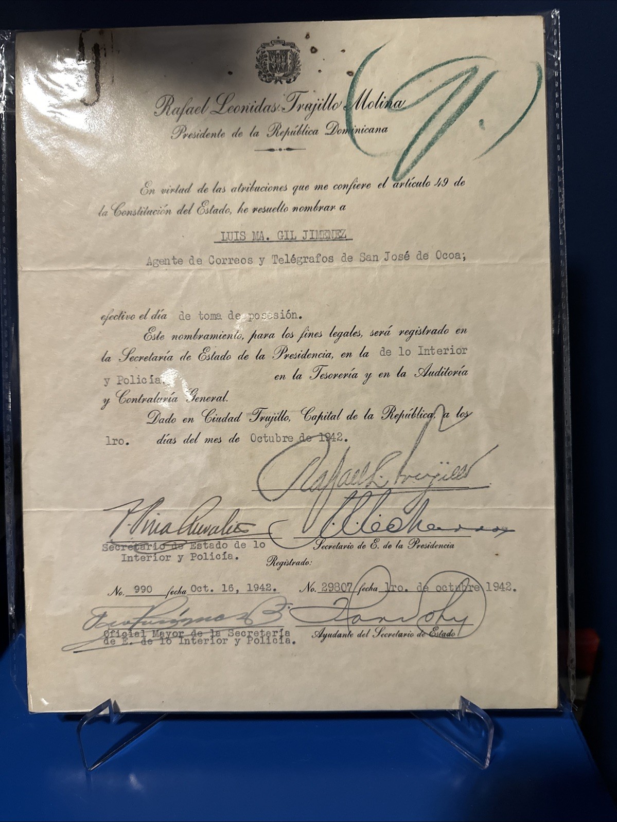 1942 Signed Document Rafael L. Trujillo, President Dictator Dominican Republic