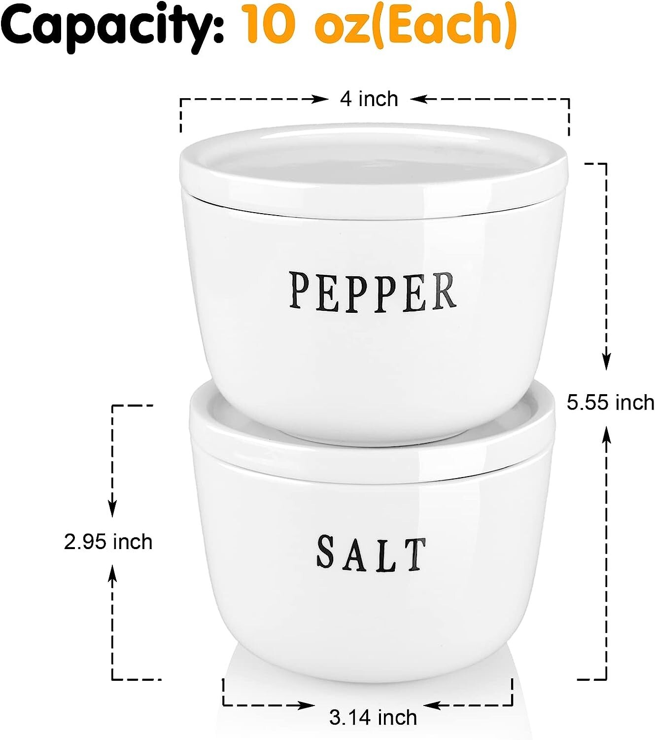 Set of 2 Ceramic Salt and Pepper 10 oz Bowls Container Set with Lids, White