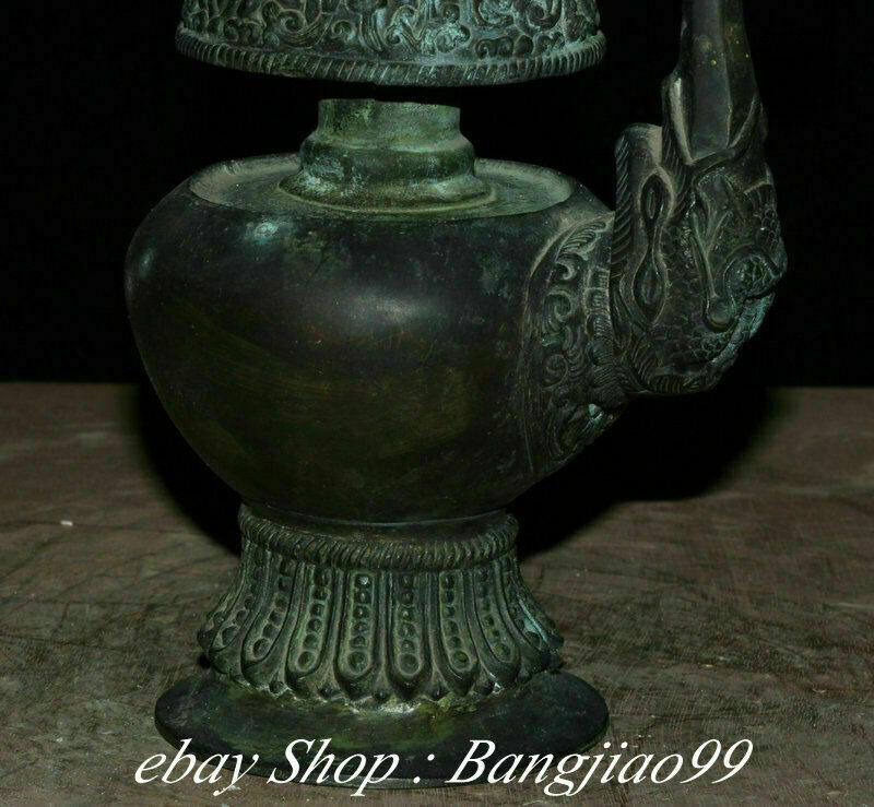 8" Marked Old China Bronze Dynasty Palace Dragon Beast Handle Kettle Pot Flask