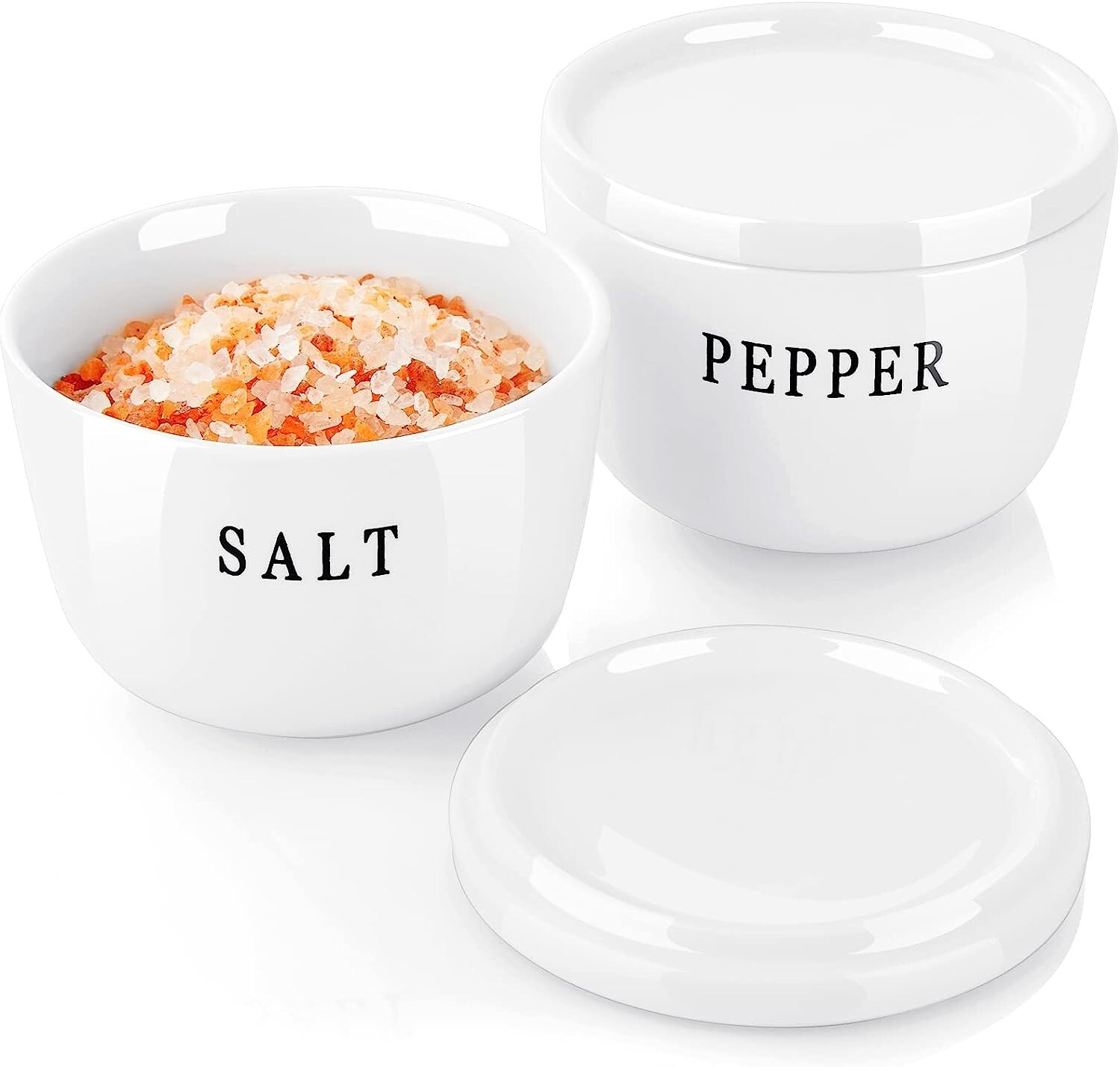 Set of 2 Ceramic Salt and Pepper 10 oz Bowls Container Set with Lids, White