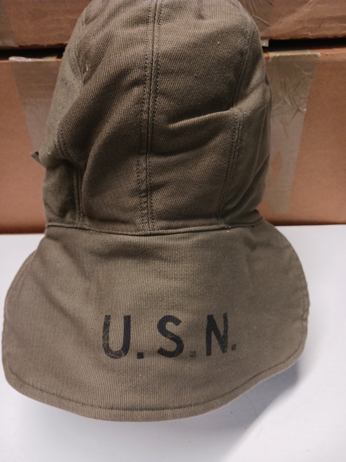USN Winter Cloth Deck Helmet Khaki/OD Green Hat Sz 7-3/4 NOS