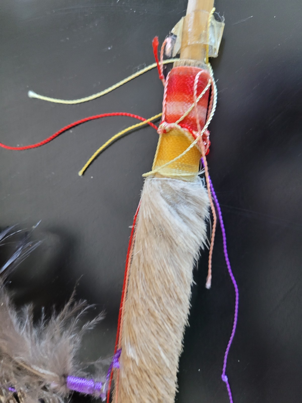Vtg Native American Navajo Talking Ceremonial Stick Turkey Feather Deer Fur