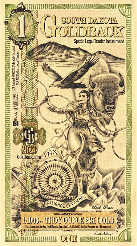 1 South Dakota Goldback Aurum 24KT GOLD FOIL NOTE BU 1/1000TH OZ .999