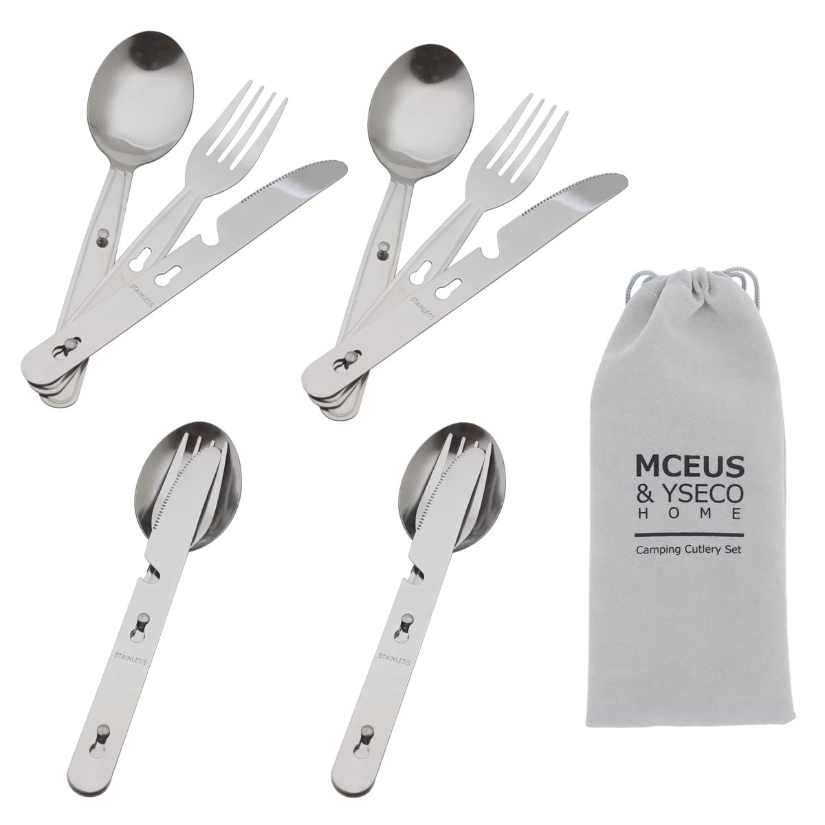 4-in-1 Camping Utensil Set for 4 Stainless Steel Spoon Fork Knife Bottle Opener