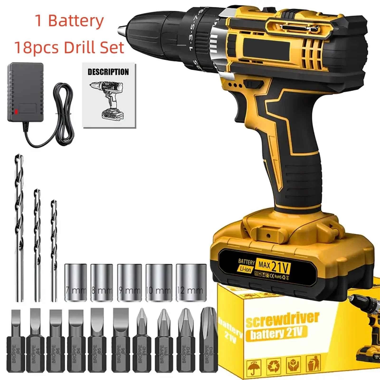 18pcs Electric Cordless Drill Screwdriver Bits Set 1X Battery 1X Charger