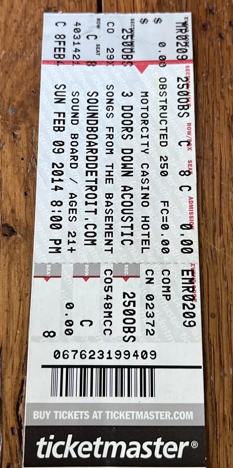 3 Doors Down Acoustic Songs From The Basement Motor City Casino Ticket Stub 2014