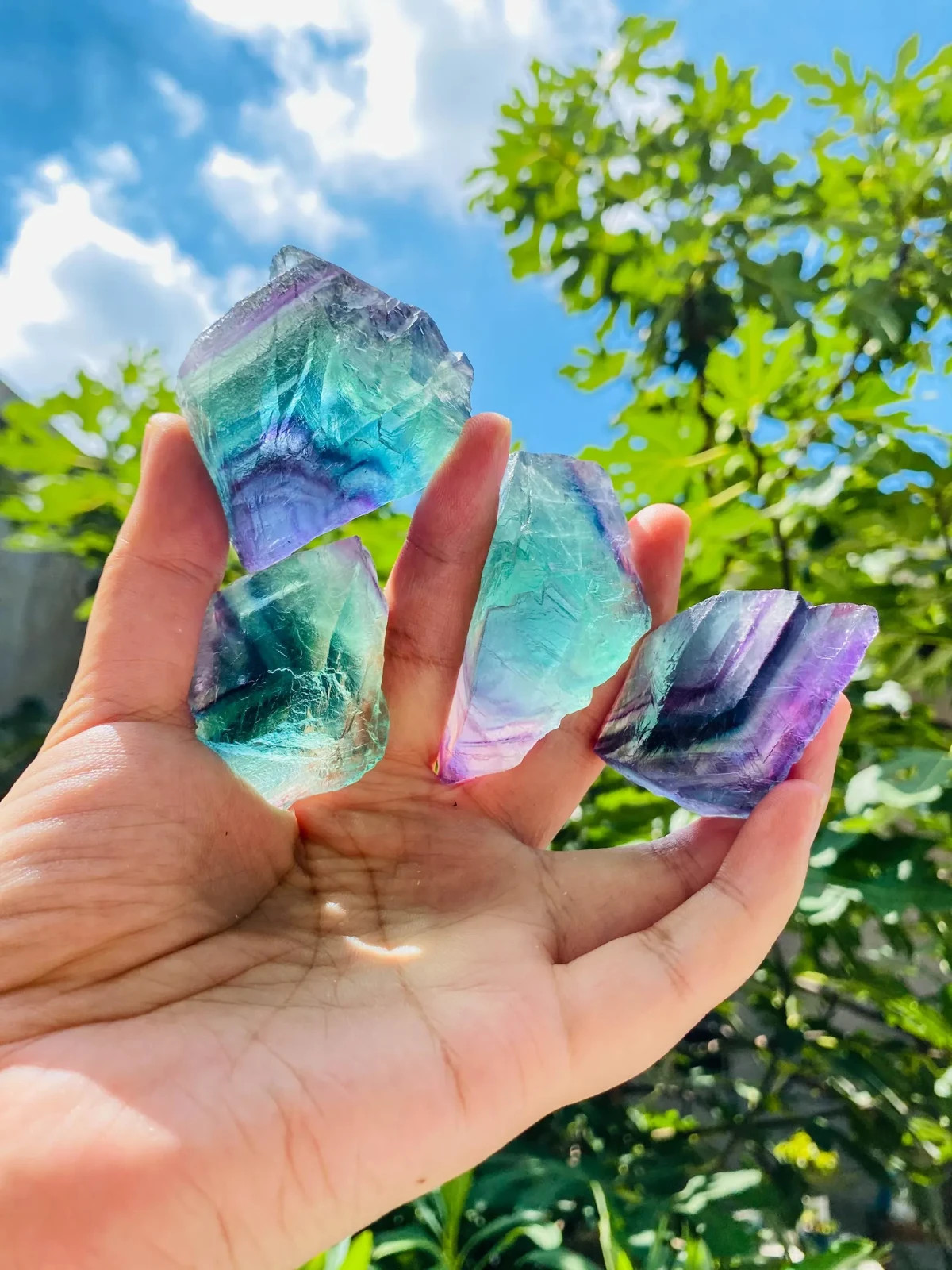 3PCS Raw Rainbow Fluorite Stone Natural Rough Pocket Crystals Mineral Specimens