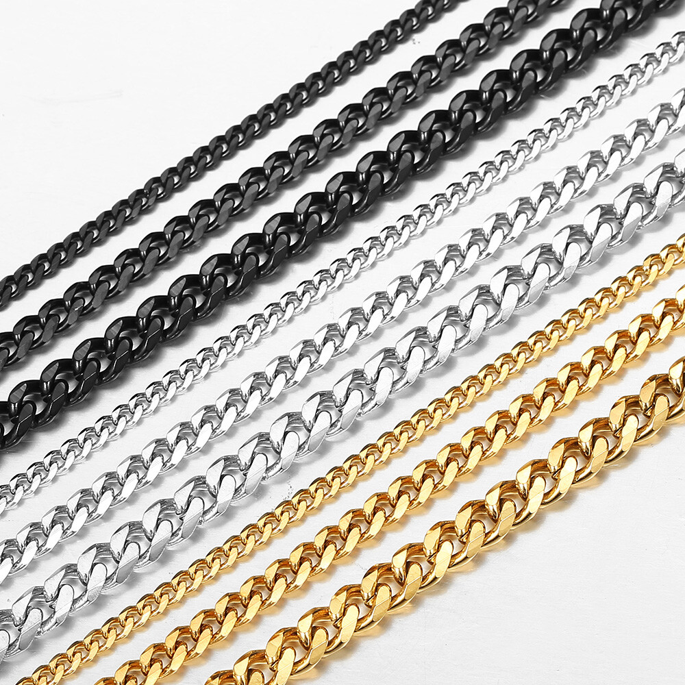 3/5/7/MM Stainless Steel Chain Silver/Black/Gold Plated Cuban Curb Bracelet 7-11