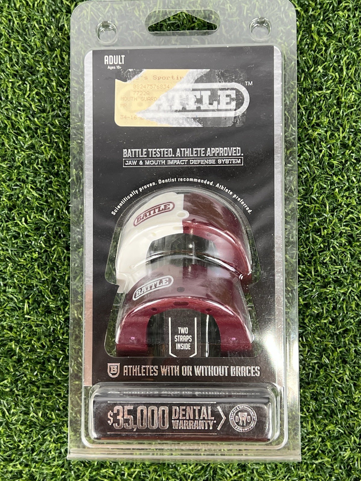 Battle Mouthguard Adult 10+ Ever Mold Composite 2 Pack Easy Clip Straps Maroon