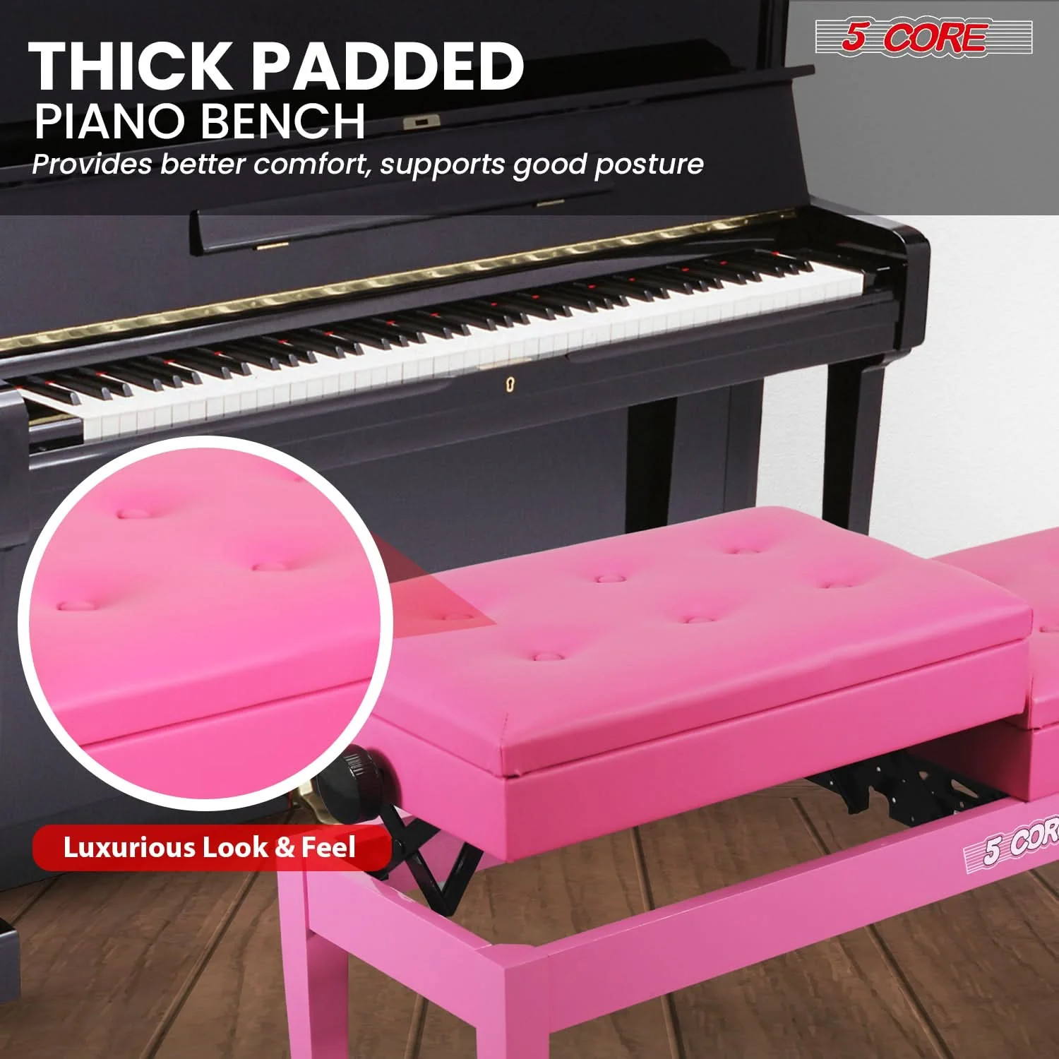 5 Core Duet Piano Bench 3.5 Inch Padded Cushioned Stool Wooden Musician Chair
