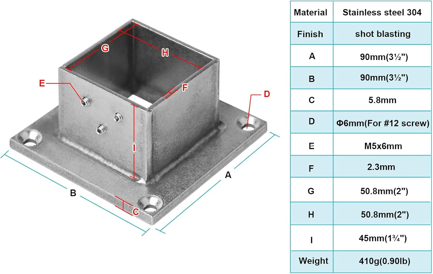 4 PCS 2" Square Post Flange Base, 304 Stainless Steel Deck Rail Mount Bracket fo