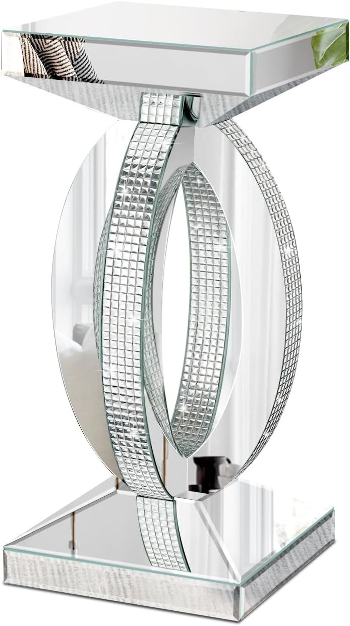 12"x12"x24"Silver Mirrored End Table with Crystal Inlay,Modern Side Accent Table