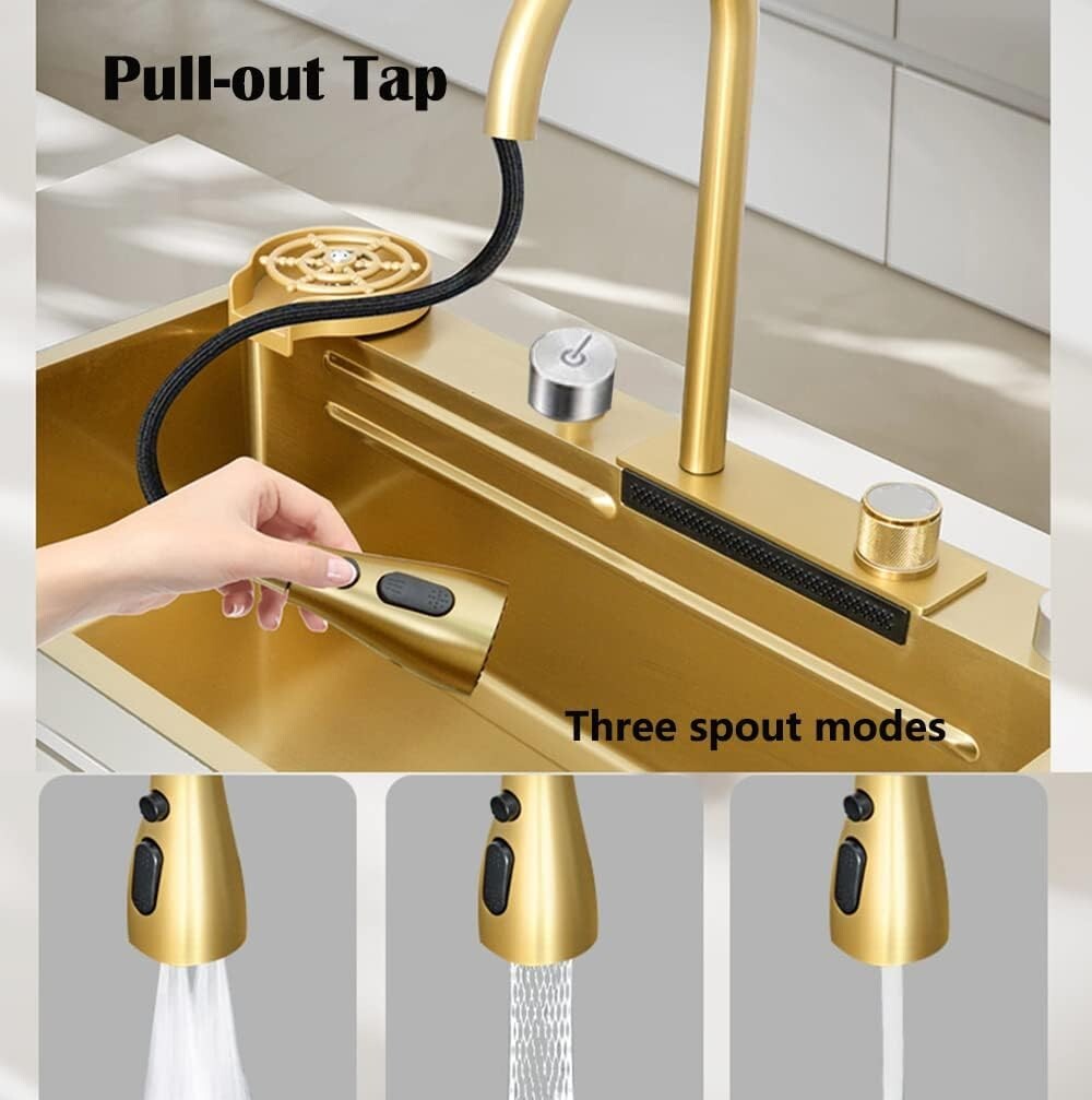 Flying Rain Stainles Steel Watefall Kitchen Sink w PullDown Faucet Gold 29.5INCH