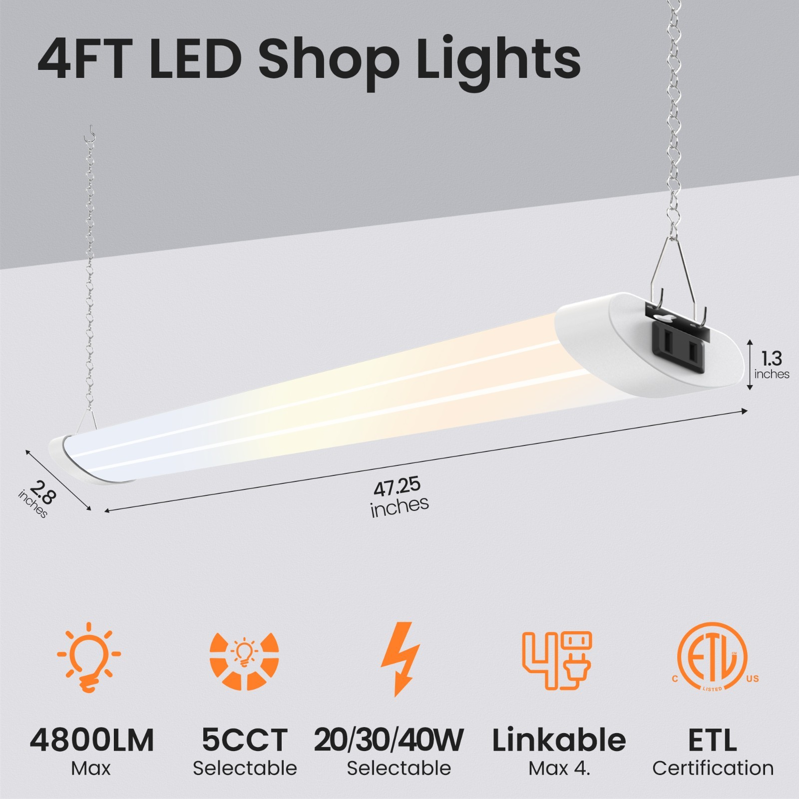 4 Pack 4FT LED Shop Lights 4800lm 5CCT 40W linkable Utility Lights for Garage
