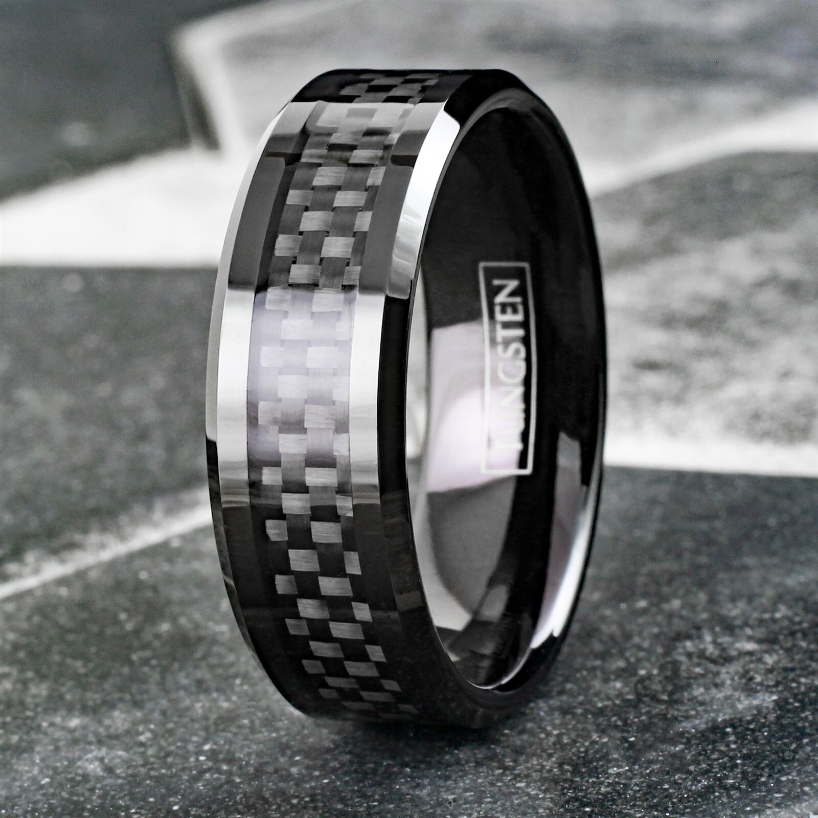 8mm Tungsten Carbide Ring Black Carbon Fiber Inlay Wedding Band Mens Jewelry