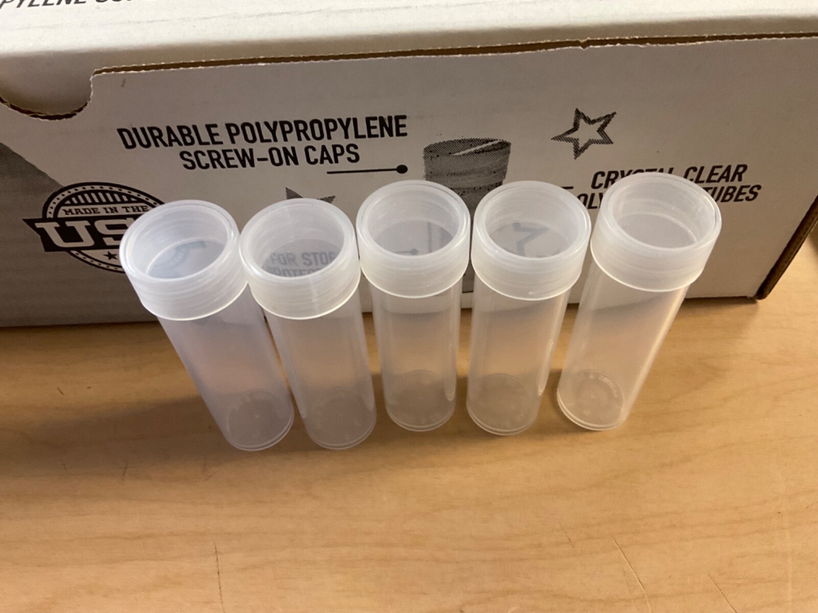 25 New Mixed Round Coin Tubes for 1/2 Doll., Qtr., Dime, Nick., Penn.Made in USA