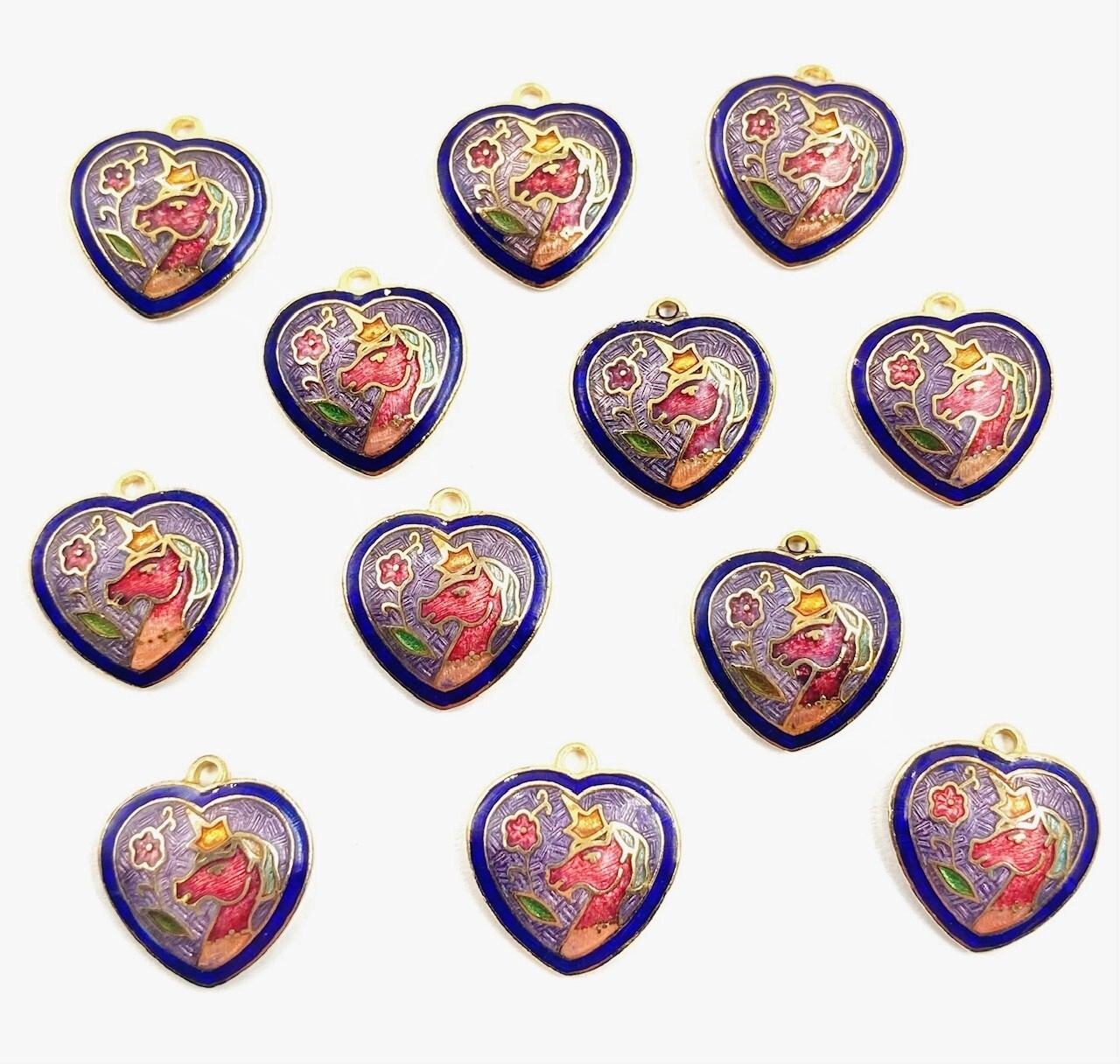 12 Vintage Cloisonné Unicorn & Flower Pink Blue Gold Heart Pendant Charms 5312PT