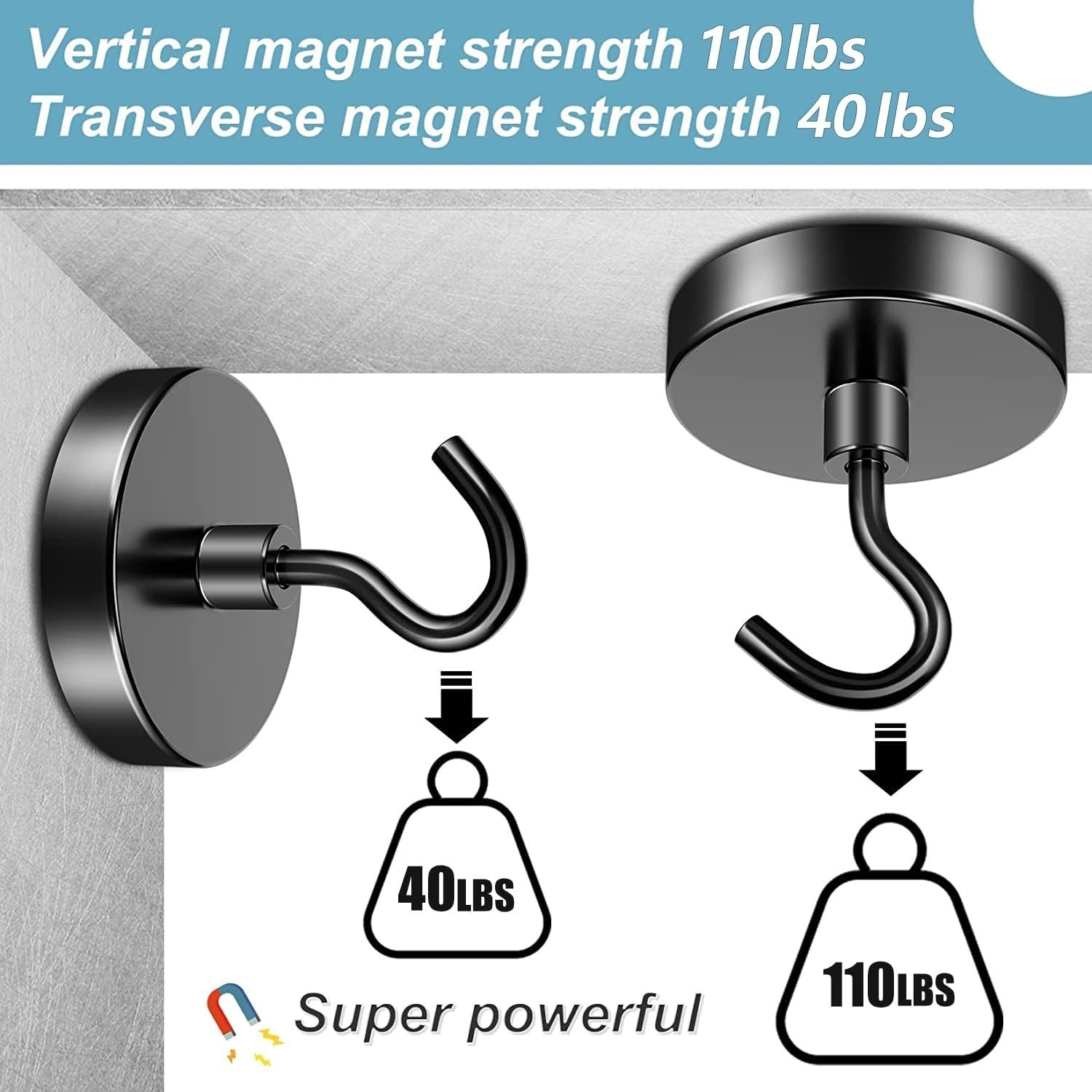 3or 6 Pack 110 Lbs Magnetic Hooks Heavy Duty Neodymium Magnet Hooks Strong Black