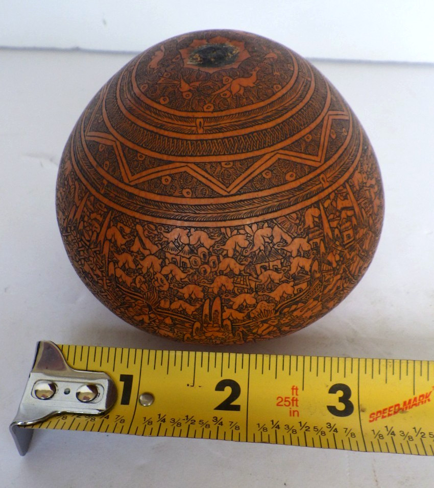 VTG Folk Art Peruvian Handcrafted Carved Gourd Intricate Detailed Story Telling