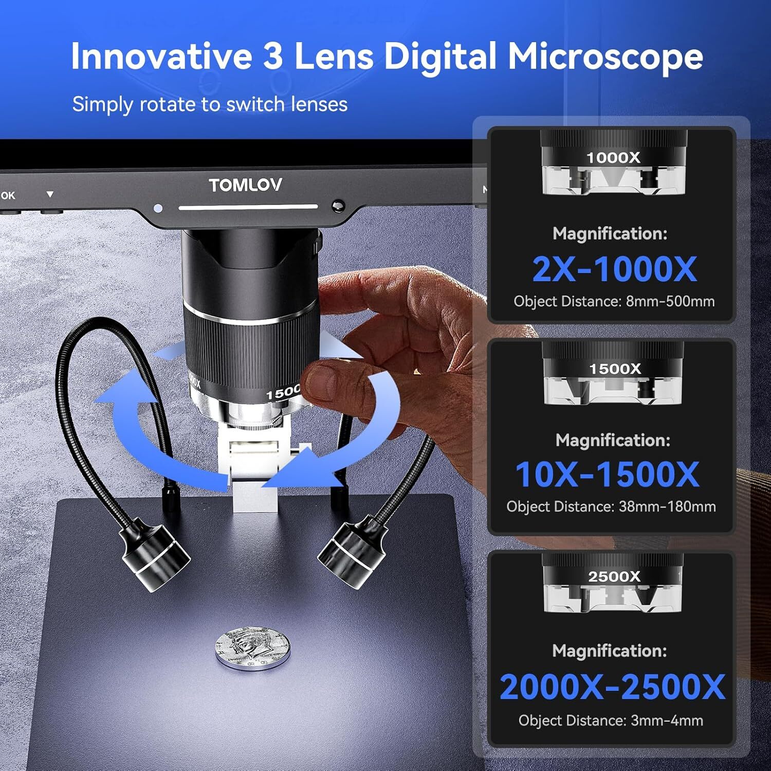 TOMLOV 2500X Digital Microscope 10" 24MP Entire Coin Microscope 14 LED Lights