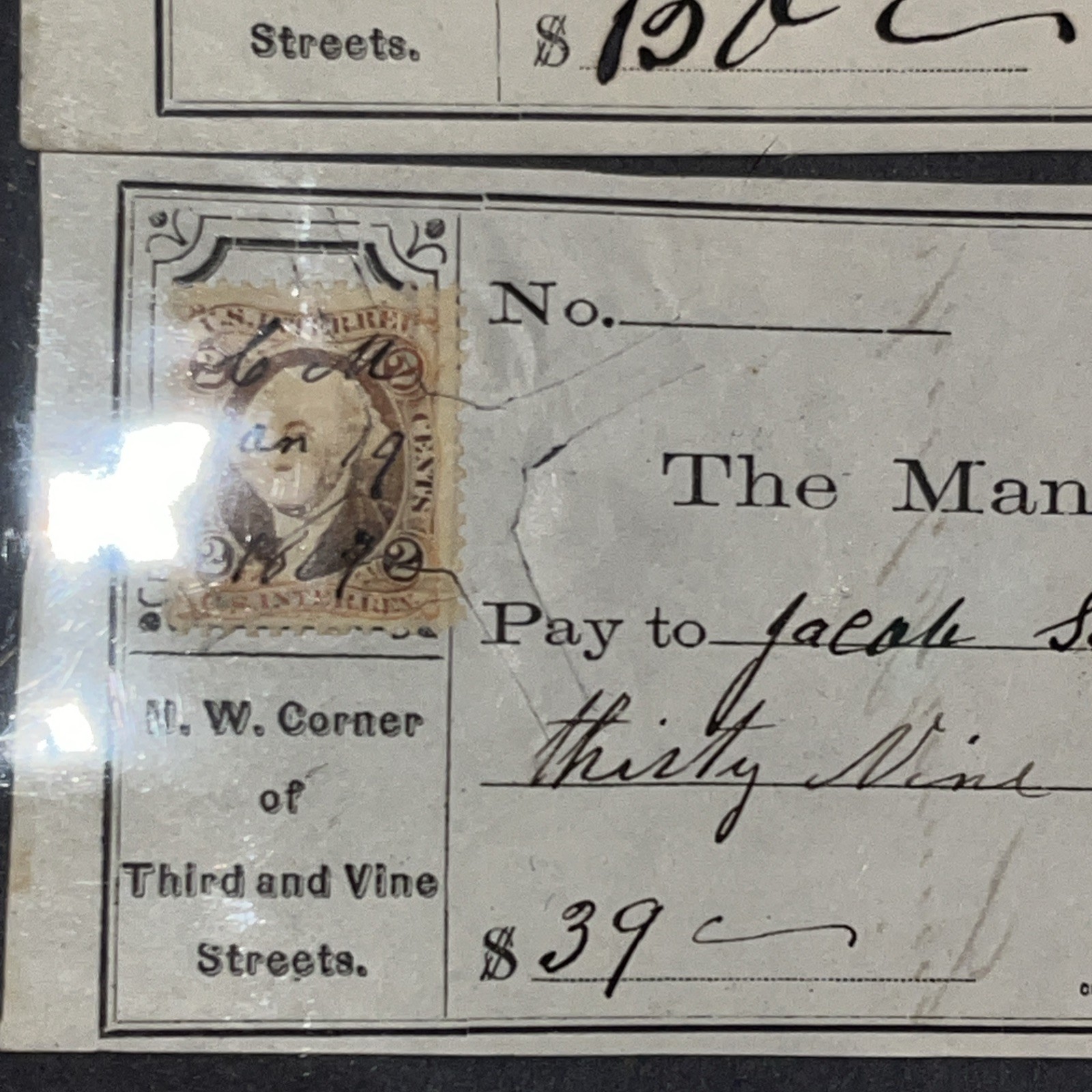 SET OF FIVE HISTORIC PHILADELPHIA REVENUE STAMPED CHECKS 1865-1873 US 2c STAMPS