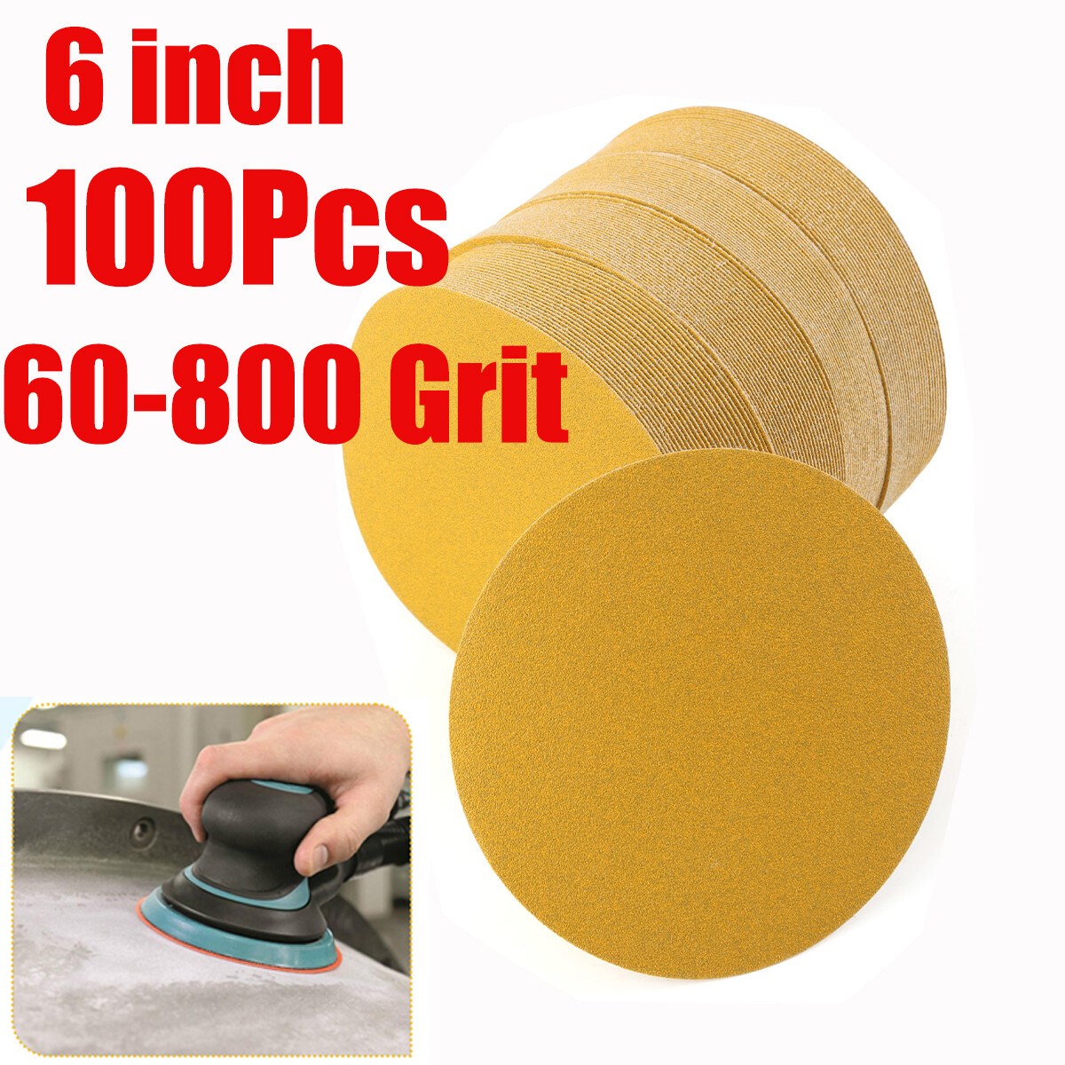 6" Inch 60-800 Grit 100-PACK DA Sanding Disc PSA Sandpaper