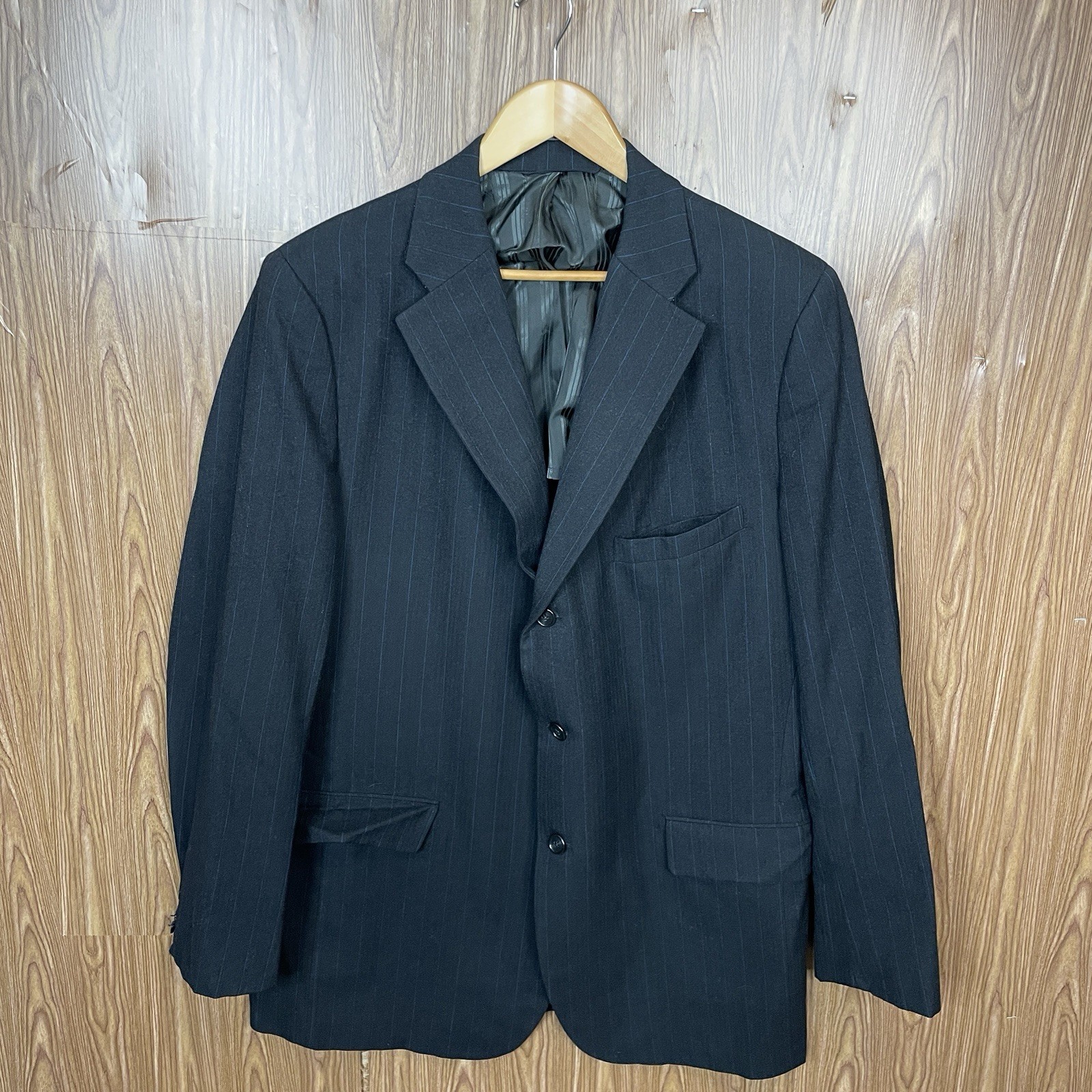 Paul Cicchini Bespoke 2 Piece Suit Mens 46XL 38x33 Black Blue Striped Wool USA