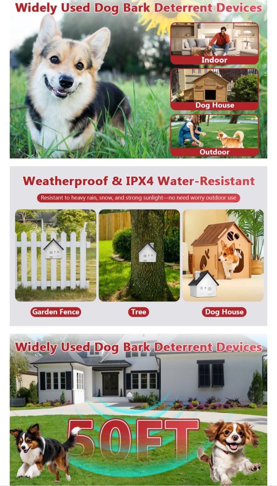 3 Modes 50Ft Ultrasonic Dog Bark Deterrent Device Weatherproof Safe Anti Bark