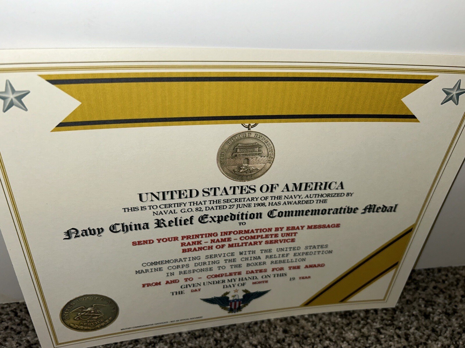 NAVY CHINA RELIEF EXPEDITION COMMEMORATIVE MEDAL CERTIFICATE ~ W/PRINTING TYPE-1