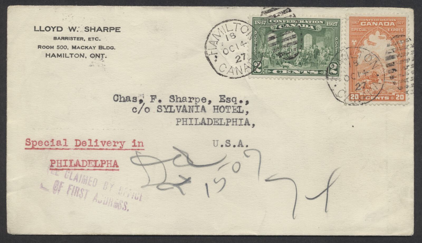 1927 #E3 20c Confederation Special Delivery Cover Hamilton ONT to Philadelphia