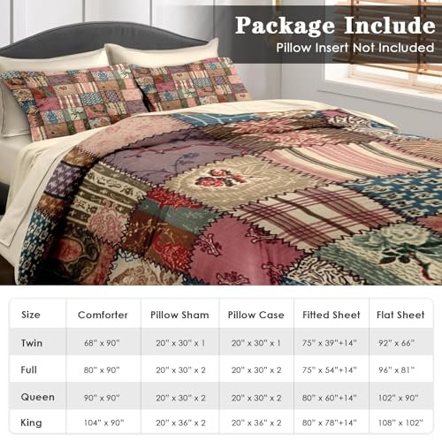 Comforter Set Size, Country Flower Retro 7 Pcs Bedding Queen Country Patchwork