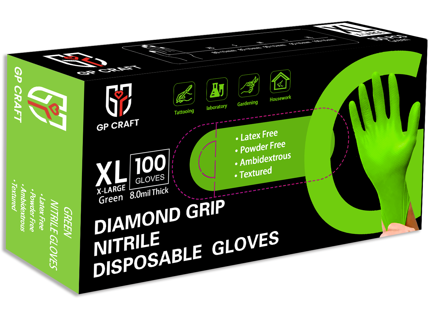 GP Craft Green Nitrile Gloves Disposable Latex-Free (100/count) 8 Mil Thick