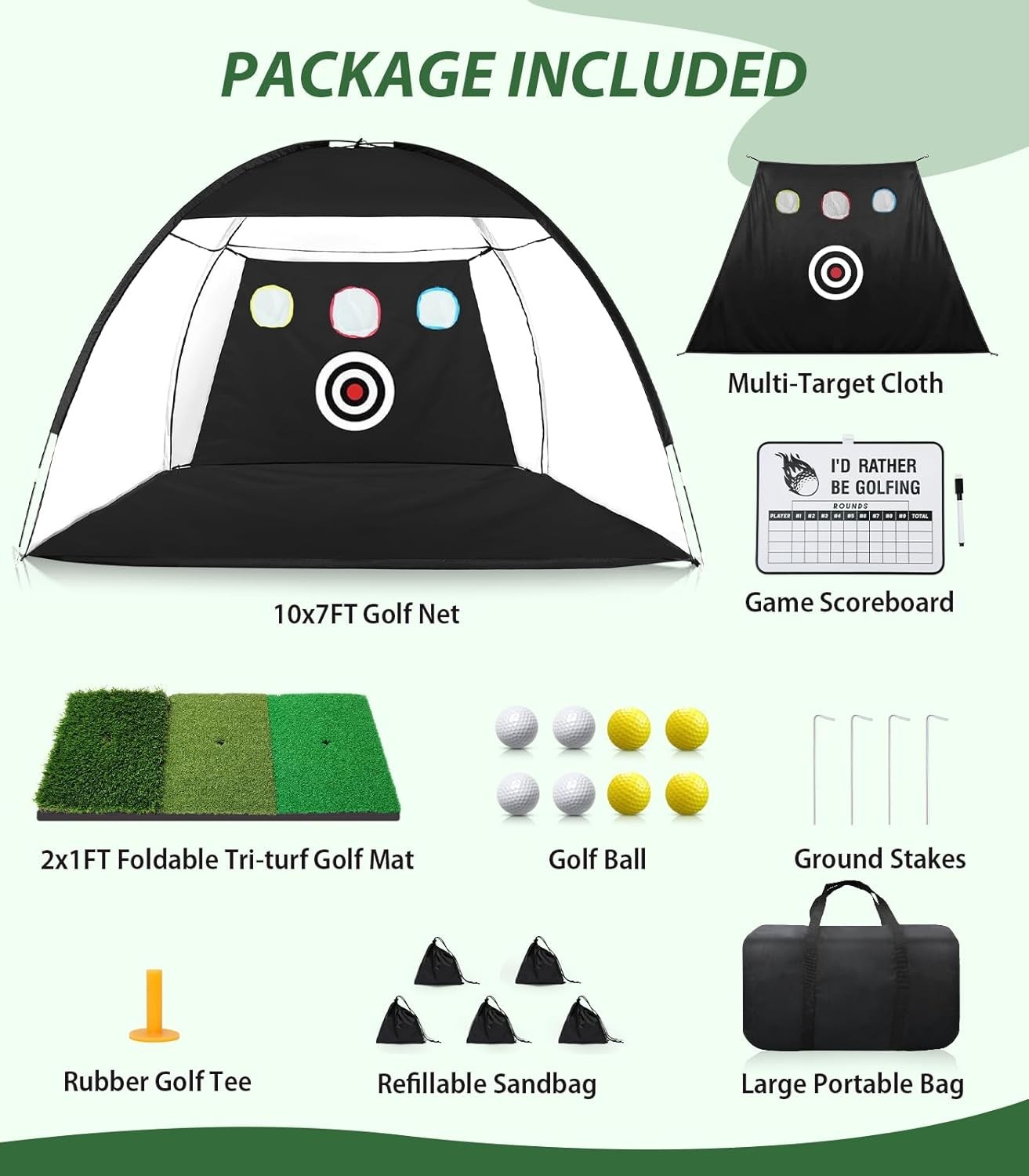 Golf Net 10x7ft Golf Hitting Aid W/ Mat Designed Outdoor & Indoor Use Practice