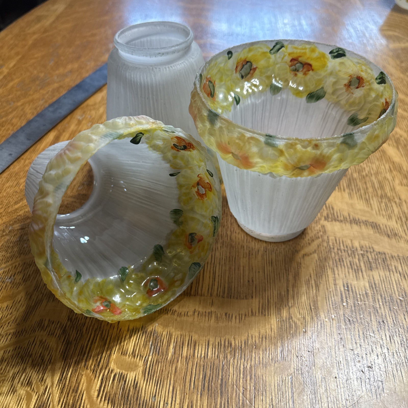 Antique Set 3 Reverse Painted Glass 4 5/8" Shades Yellow Flowers 2-1/4" Fitter