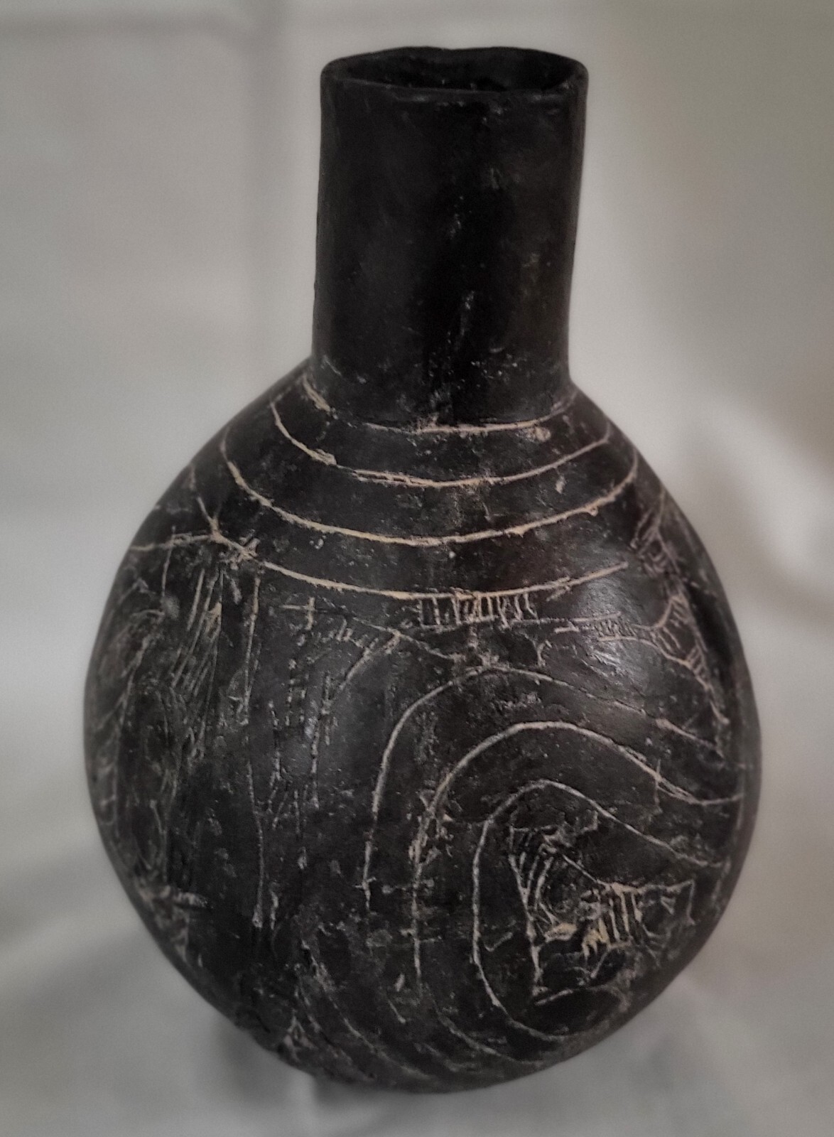 Black Haley Engraved Caddo WaterBottle Ancient Native American Indian Pottery